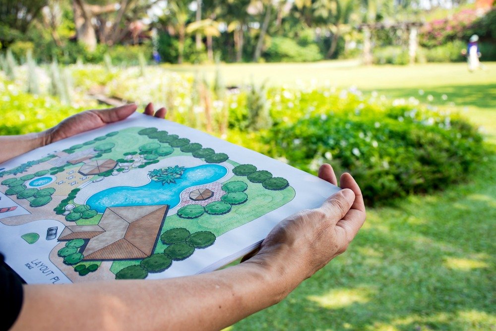 Paper,Sheet,Of,Layout,Plan,With,Hands,And,Garden,Background,